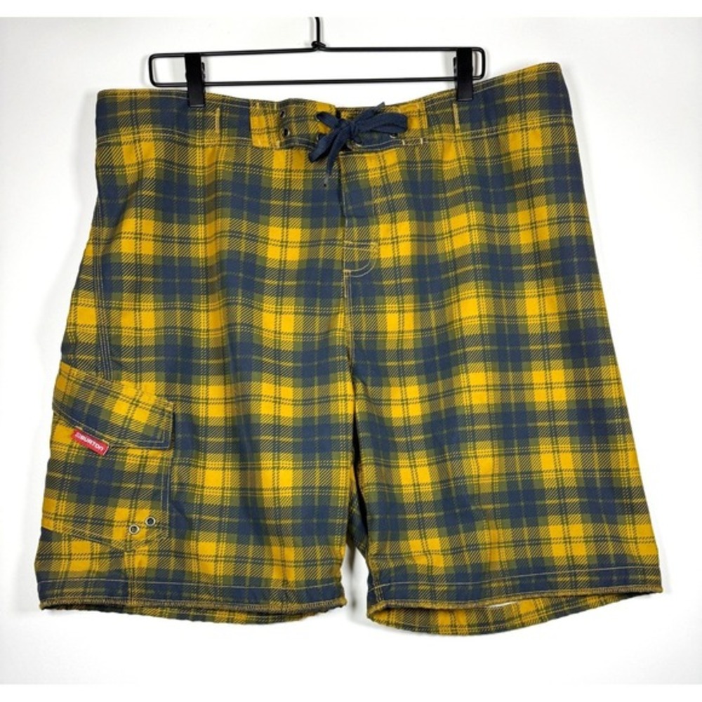 Burton Board Shorts Mens XL Yellow Blue Plaid Polyester Surf Swim‎ Streetwear